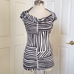 ANN TAYLOR Brown White Draped Neck Top Zebra Stripe Cap Sleeves Abstract